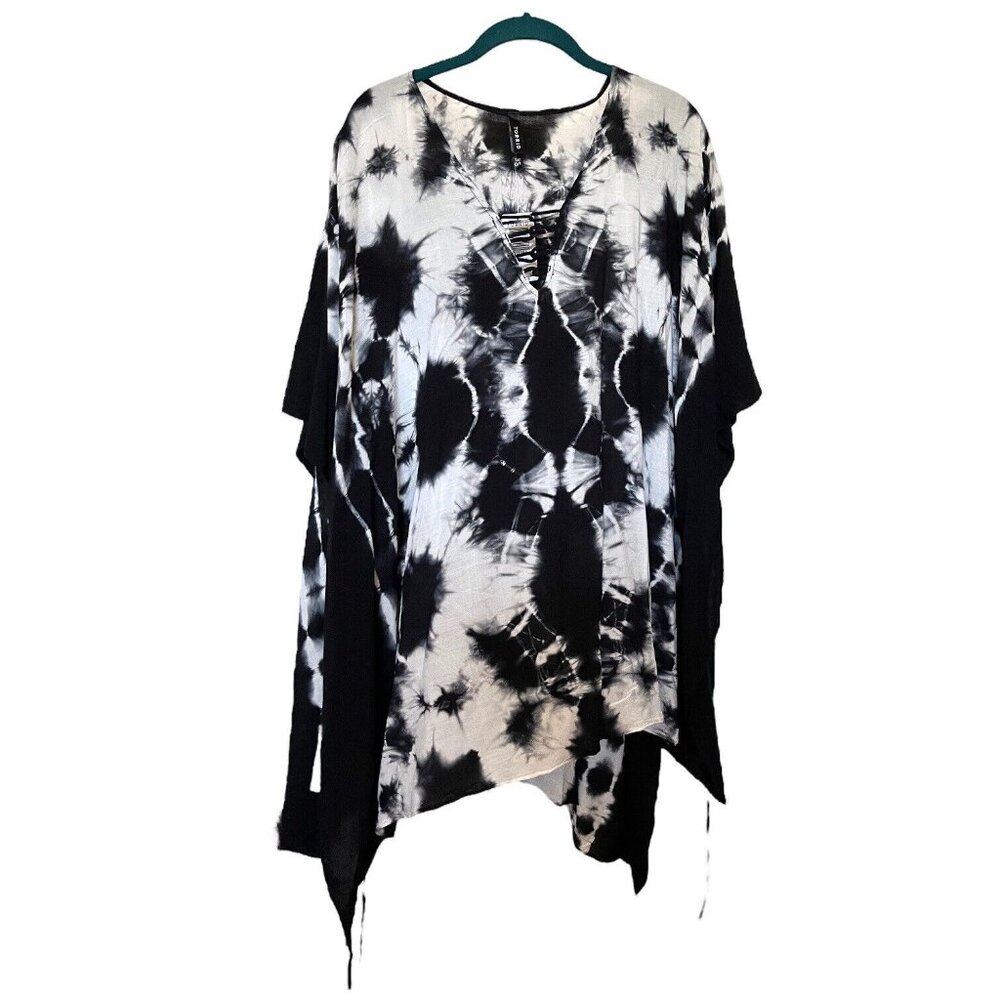 NWT Torrid Womens Black White Tie Dye Swim Coverup Poncho Style Side Ties OS - Picture 2 of 13